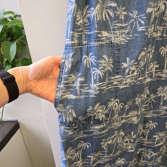 Women's L Blue Sleeveless Palm Tree Print Denim Chambray Shift Dress Jumper - Picture 7 of 11